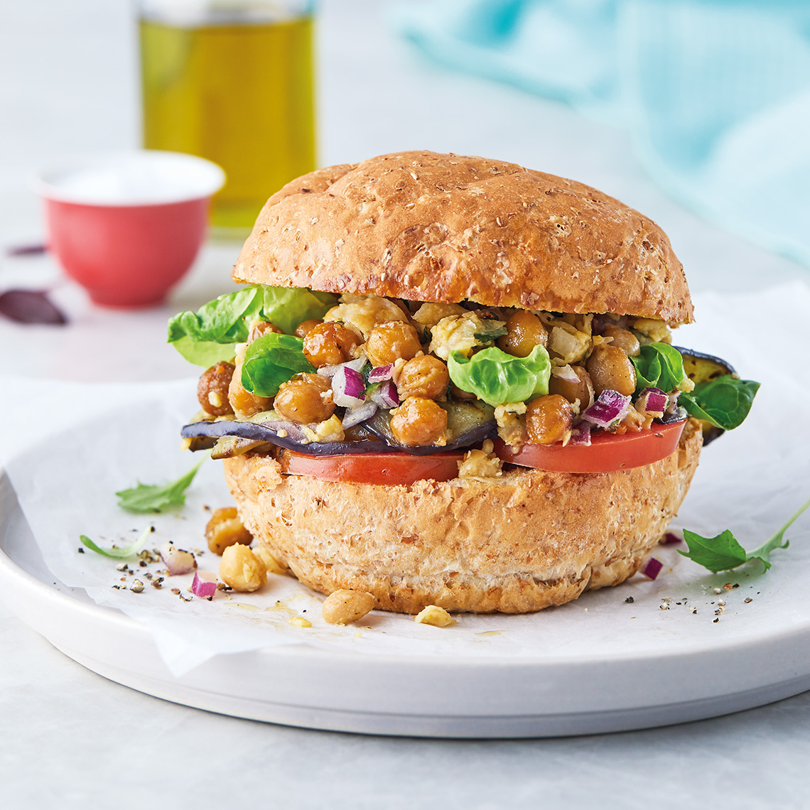 Lemony chickpea and chargrilled-brinjal buns
